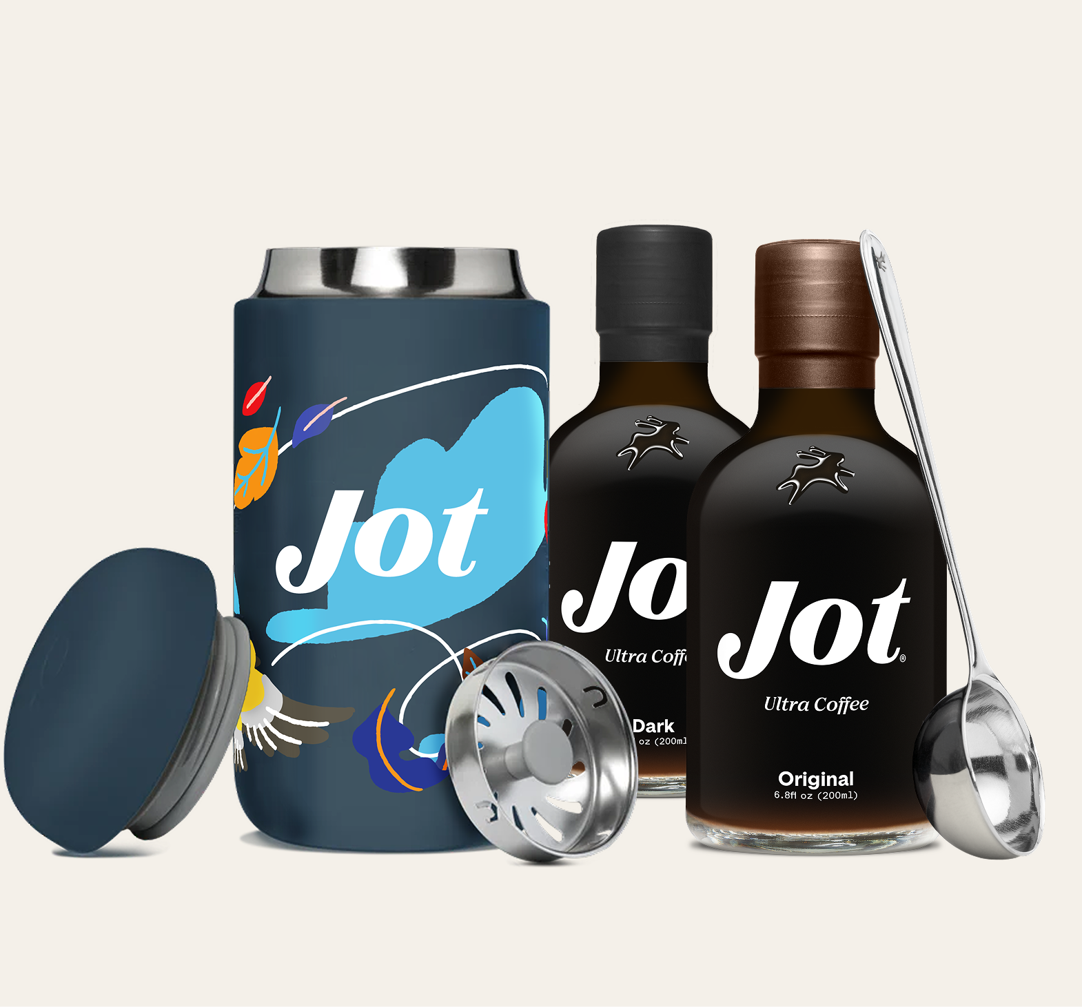 Jot coffee bottles with a metal scoop and blue container labeled free.