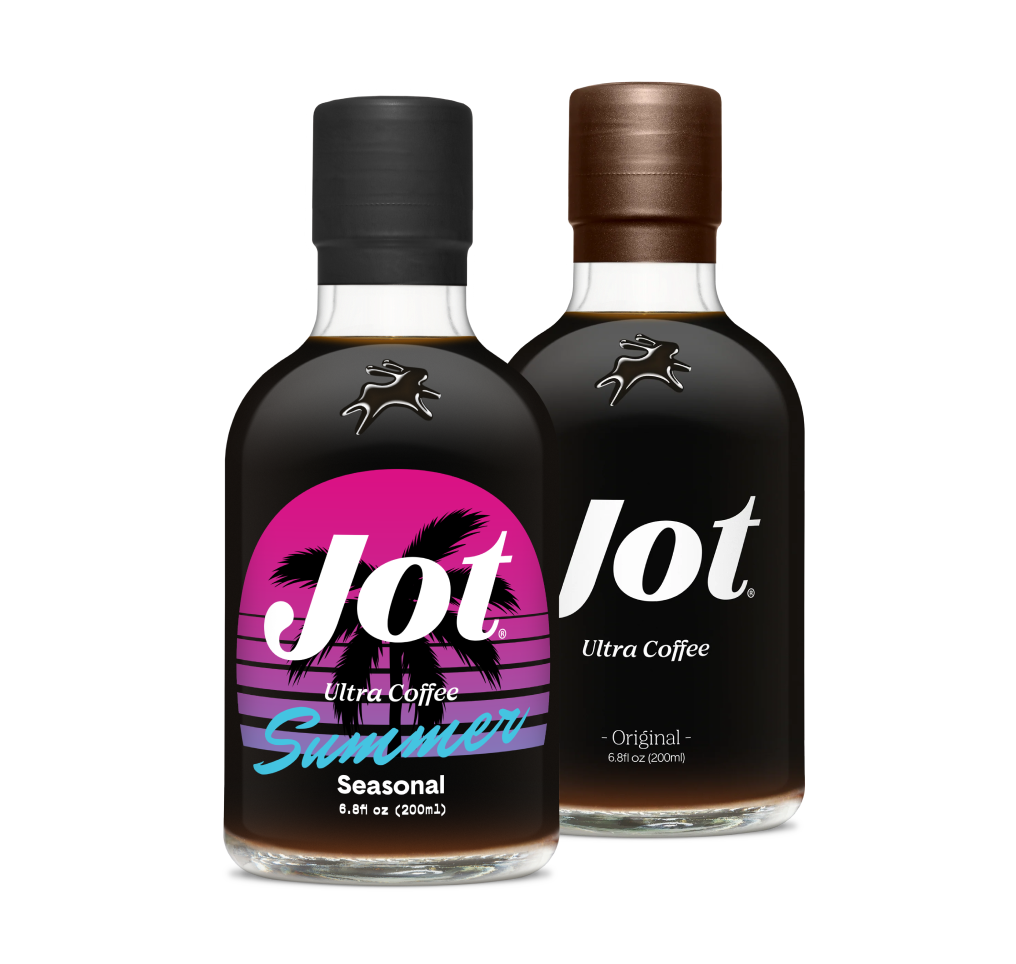 Two Jot Ultra Coffee bottles, one labeled 'Summer Seasonal' and the other 'Original.'