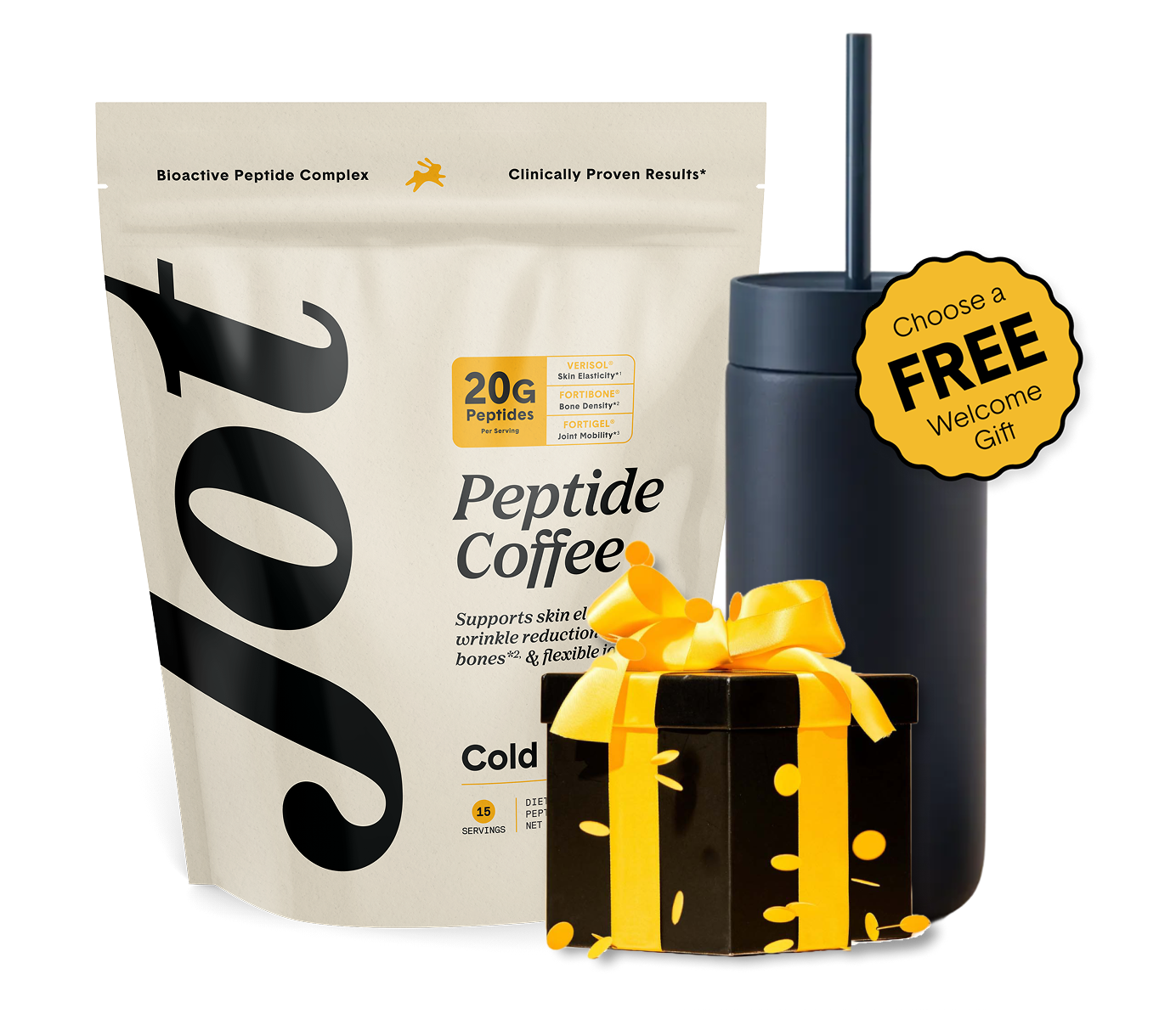 Peptide coffee package, black tumbler, and gift box with yellow ribbon.
