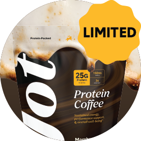 A circular image of a Protein Coffee pouch with a yellow 'LIMITED' sticker on it.