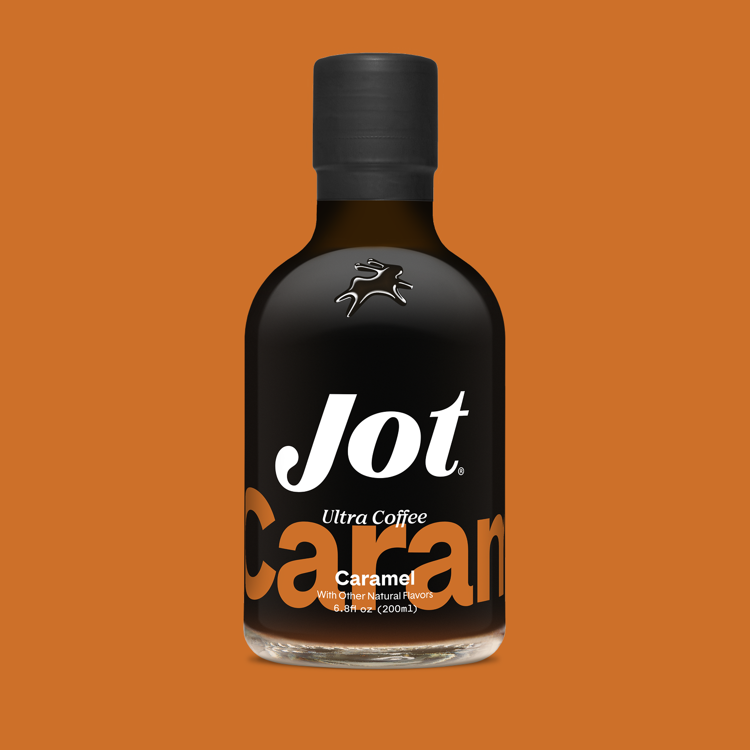 Bottle of Jot Ultra Coffee Caramel against an orange background.