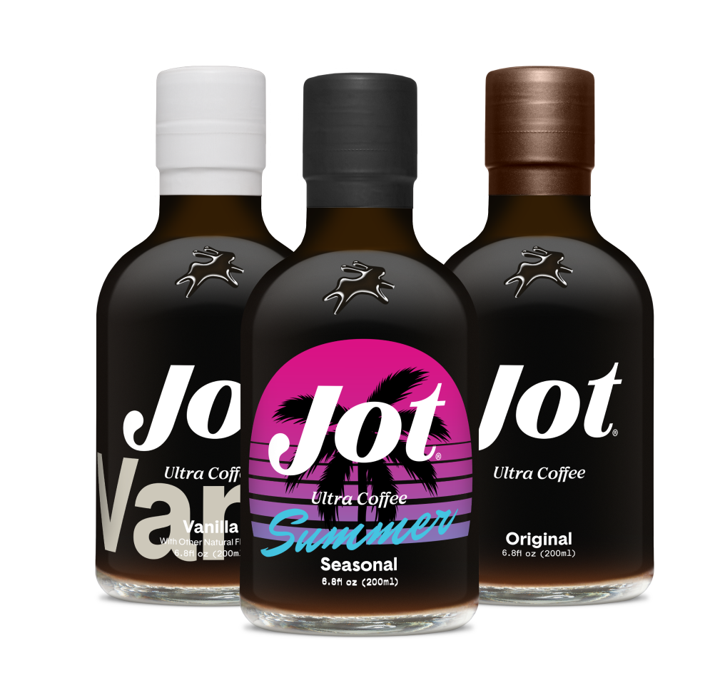Three Jot Ultra Coffee bottles with different labels and colored caps.