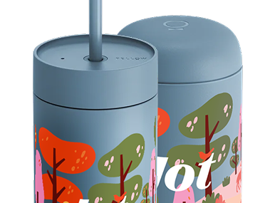 A close-up of two blue-gray tumblers with a colorful, stylized tree design, one with a straw.