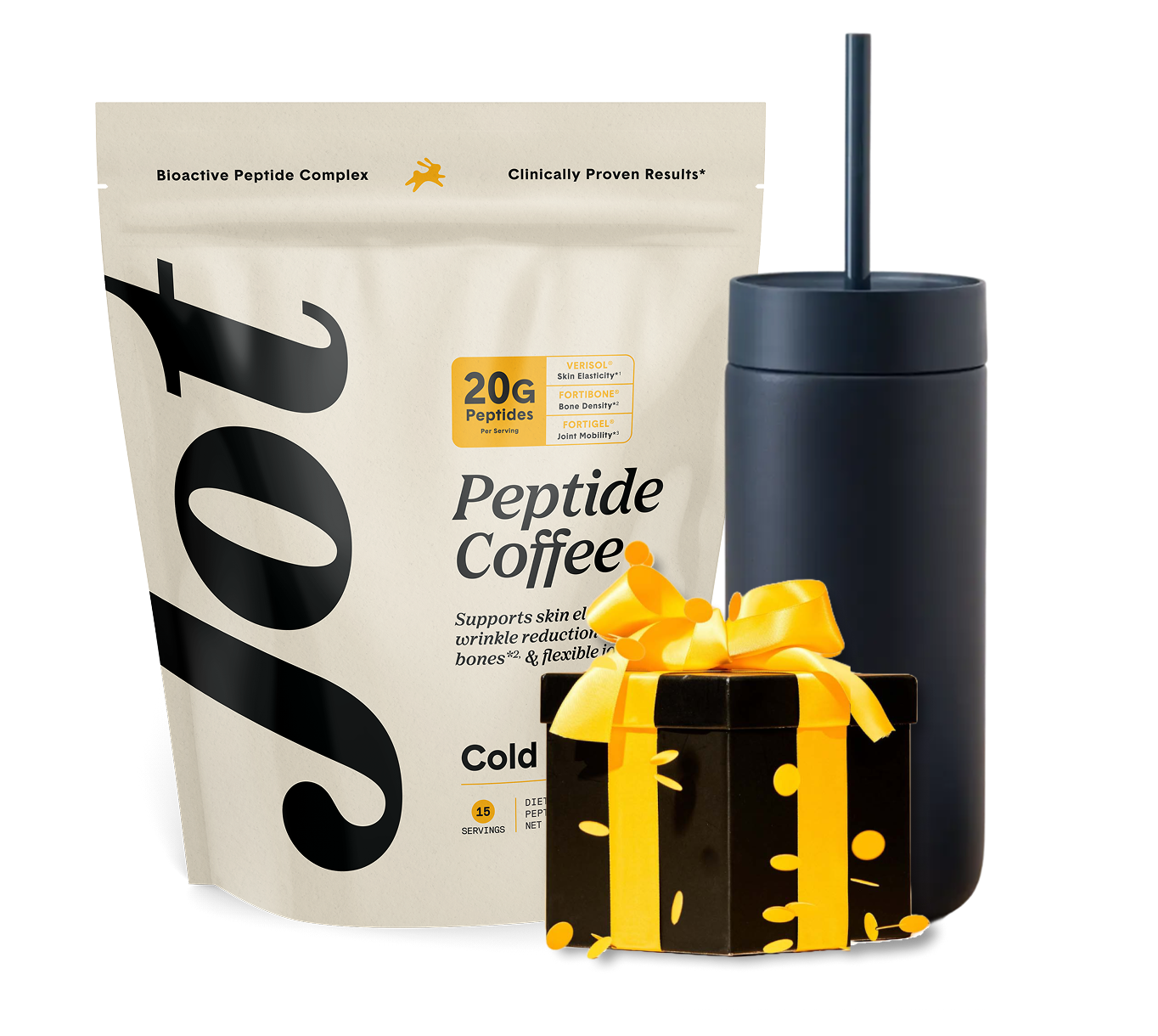 A pouch of Peptide Coffee next to a dark tumbler and a black gift box with a yellow bow.