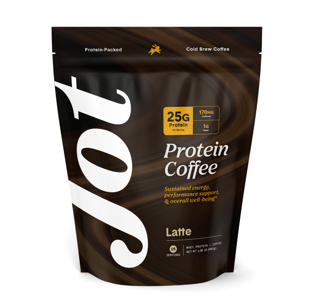 Bag of Jot Protein Coffee, Latte flavor, with nutritional information.