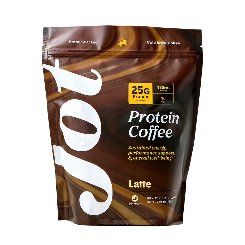 Brown bag of protein coffee labeled 'Jot' with nutritional information.