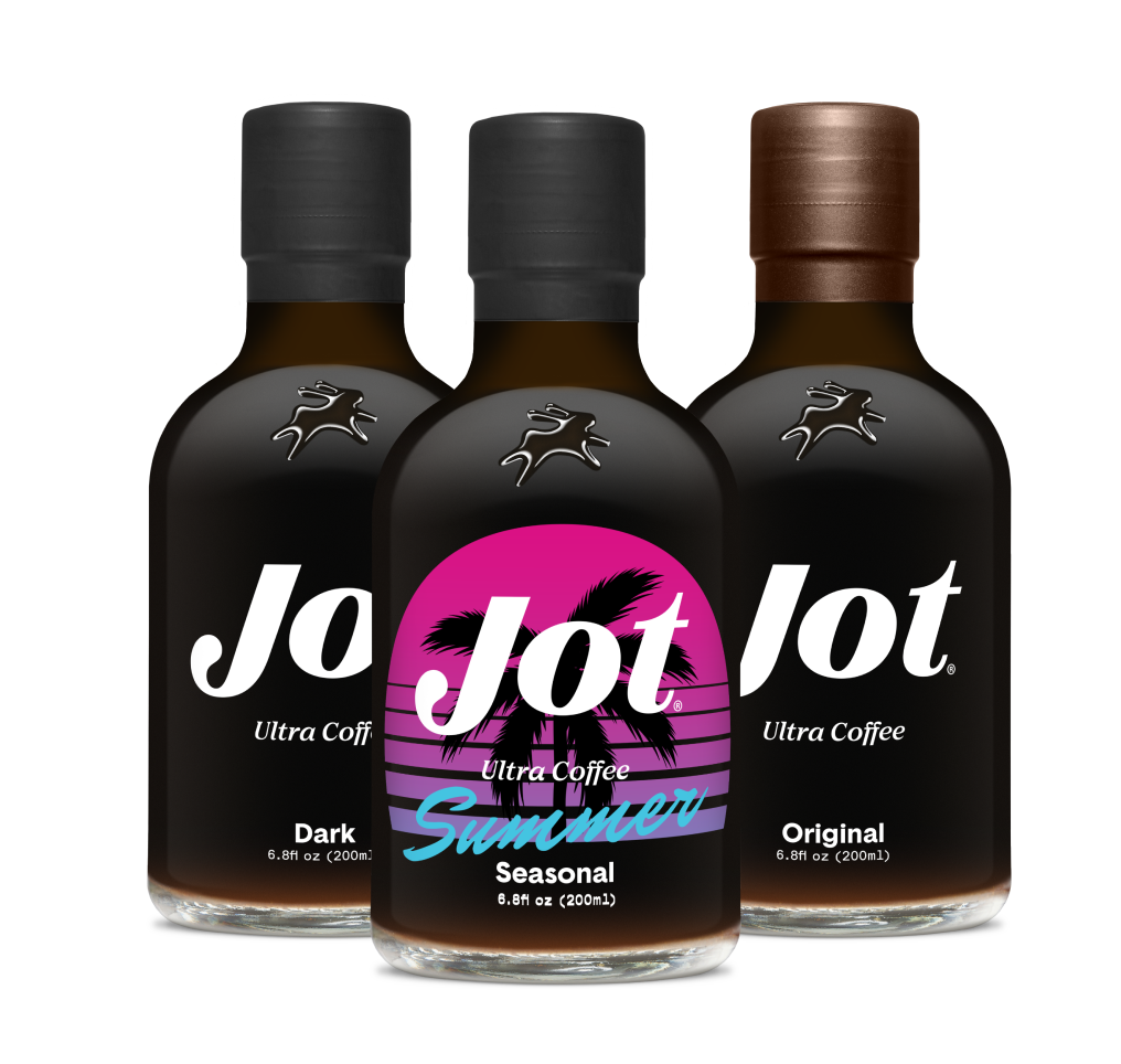 Three bottles of Jot Ultra Coffee: Dark, Seasonal, and Original.