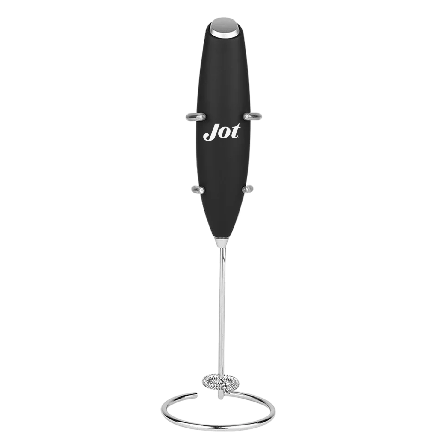 Black handheld milk frother with stand, labeled 'Jot'.