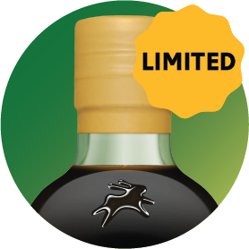 The top of a dark bottle with a gold cap, a rabbit logo, and a yellow 'LIMITED' sticker.