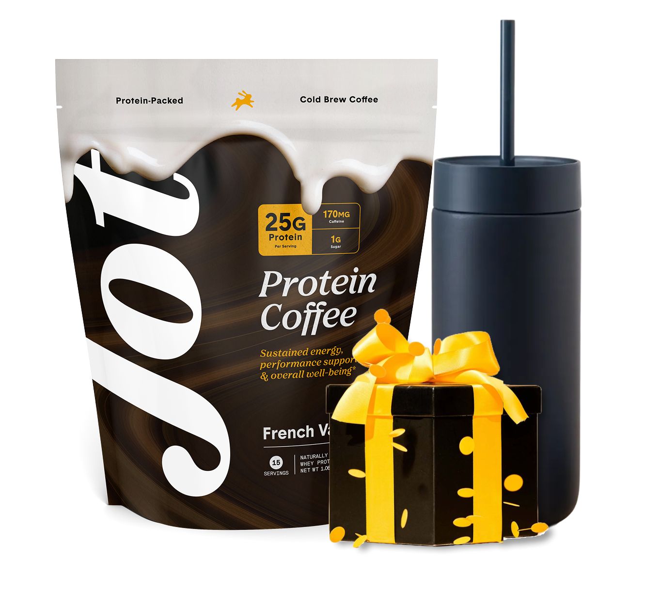 A bag of Jot Protein Coffee next to a dark tumbler and a black gift box with a yellow ribbon.