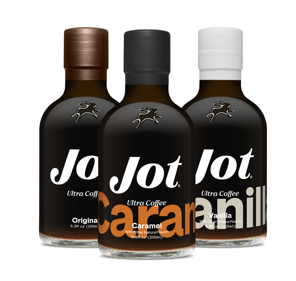 Three Jot Ultra Coffee bottles: Original, Caramel, and Vanilla flavors.
