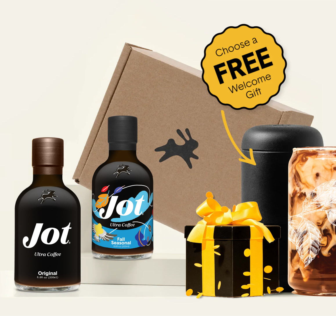 Bottles of Jot coffee with a gift box and a 'Free Welcome Gift' label.