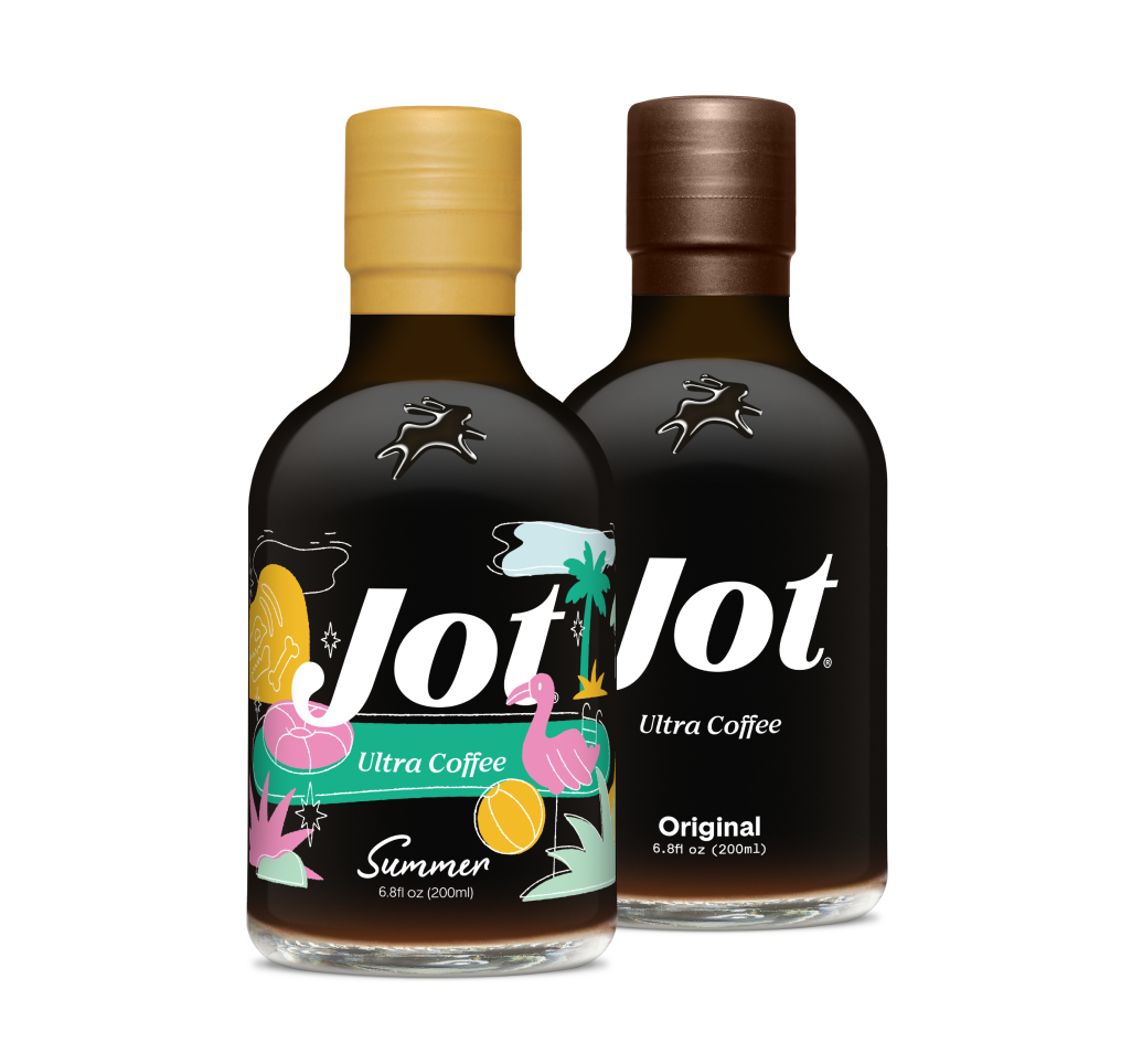 Two bottles of Jot Ultra Coffee, one with a colorful Summer label and the other with the Original label.