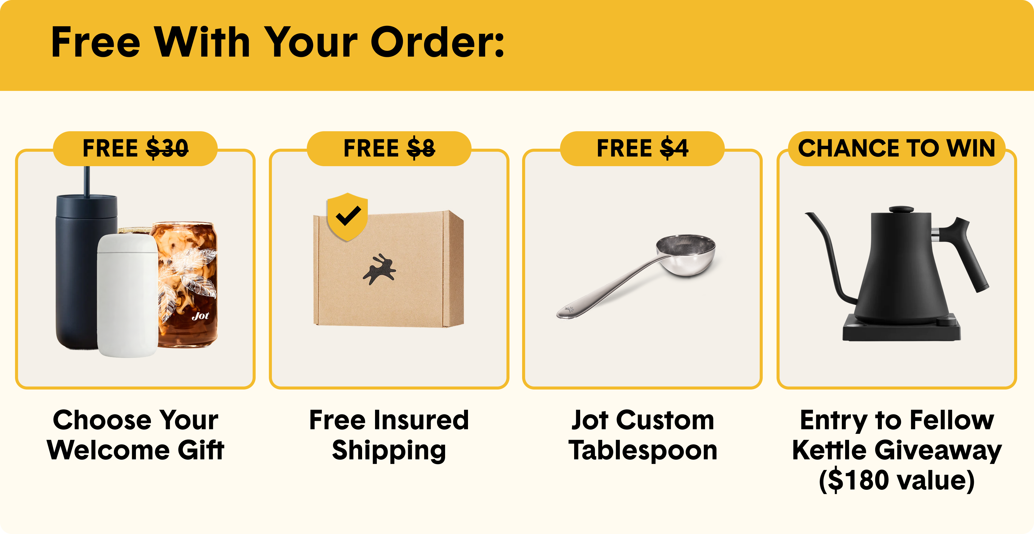 An advertisement showing four free offers with an order: a welcome gift, shipping, a tablespoon, and a kettle giveaway.