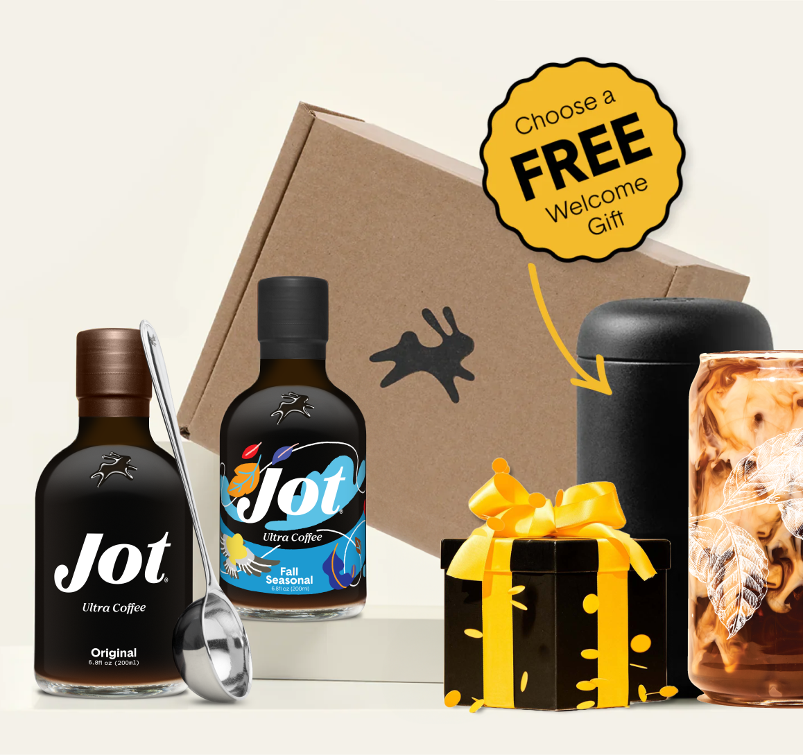 Jot coffee bottles, spoon, box, tumbler, wrapped gift, marbled drink.