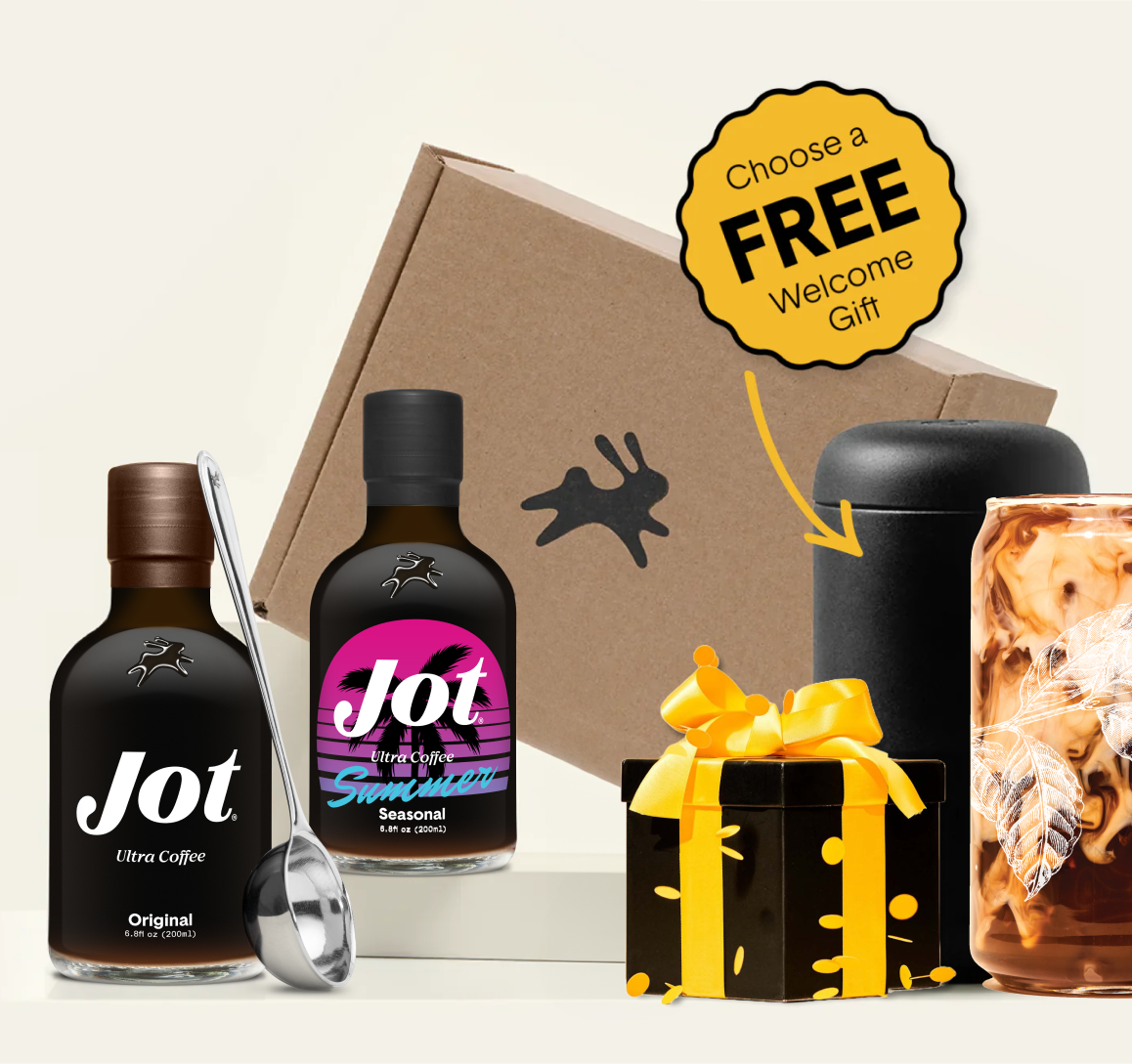 Jot coffee bottles, gift box, and a free welcome gift offer.