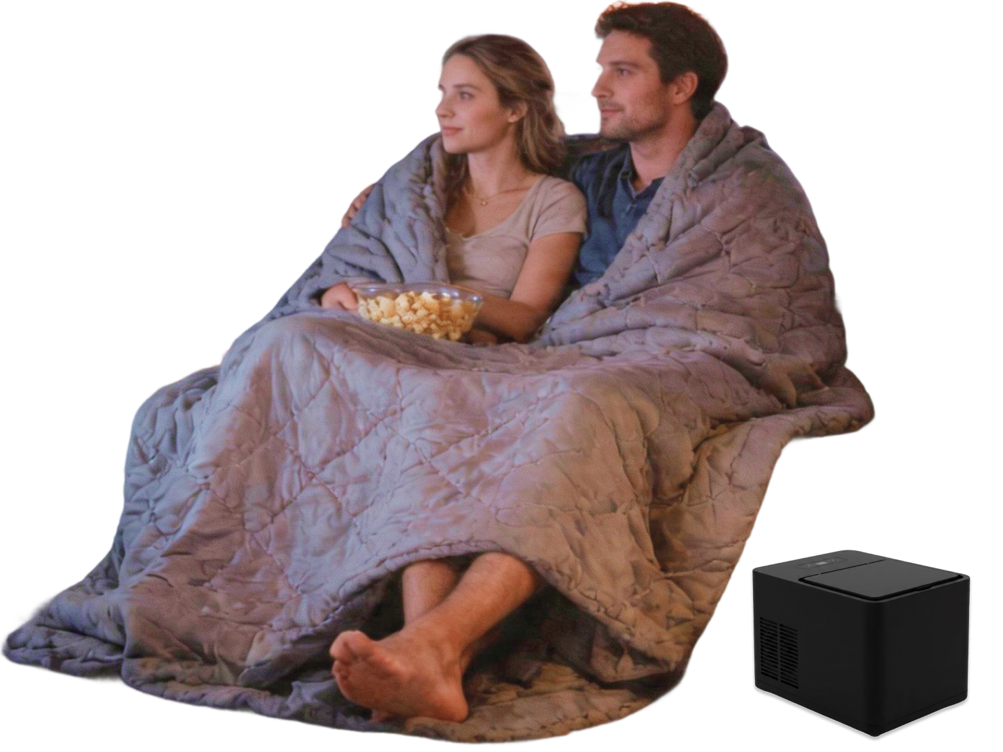 A couple sits together wrapped in a large gray quilted blanket, holding a bowl of popcorn.