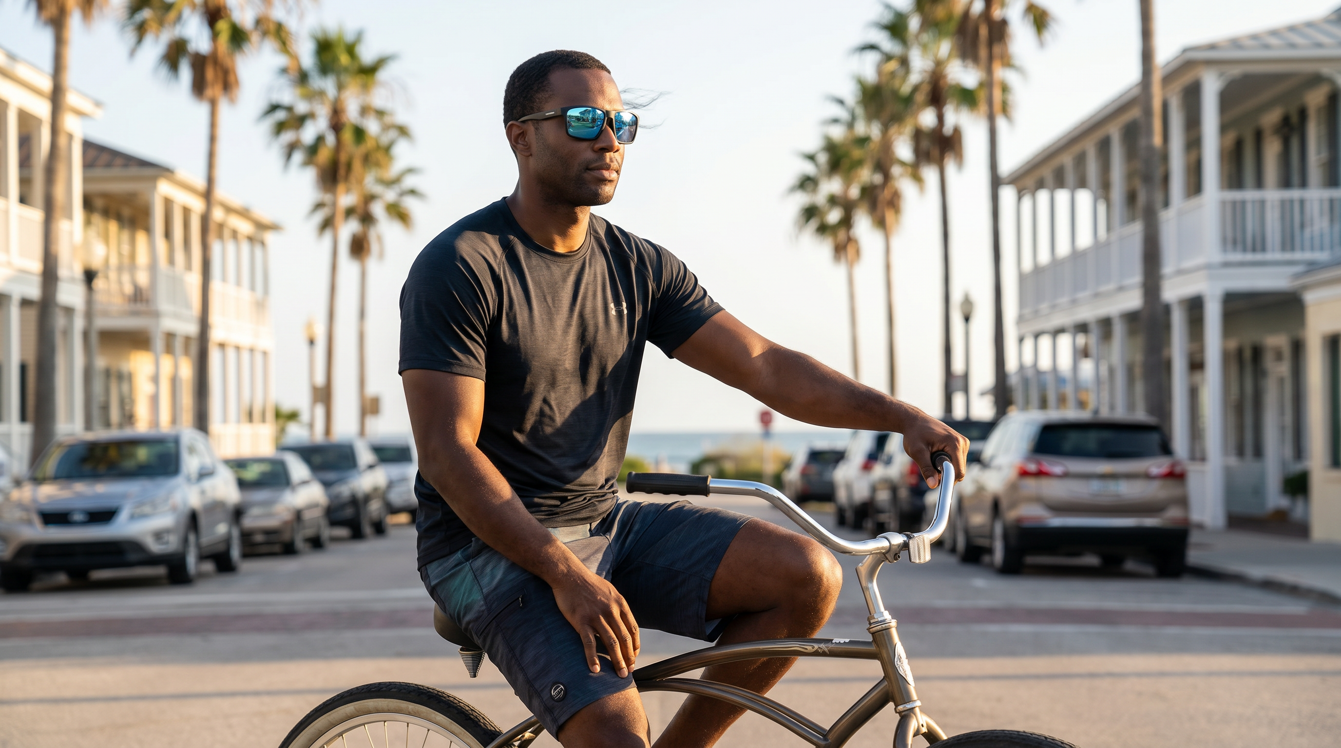 A man wearing sunglasses sits on a bicycle on a street lined with palm trees.