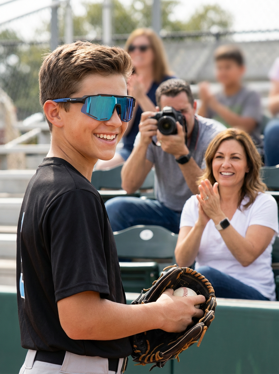 A young baseball player smiles while his parents watch and take pictures from the bleachers.