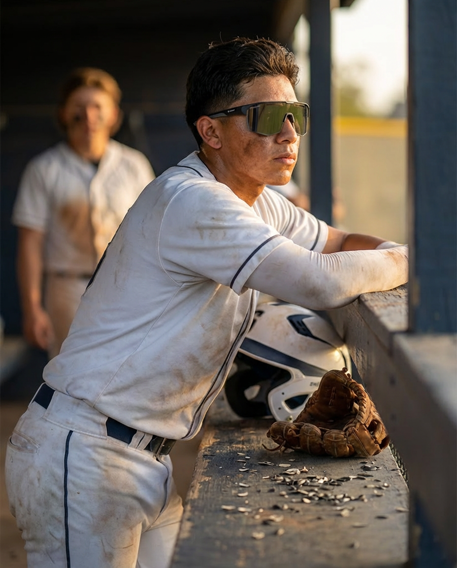 A young baseball player in a dirty uniform and sunglasses leans in the dugout.