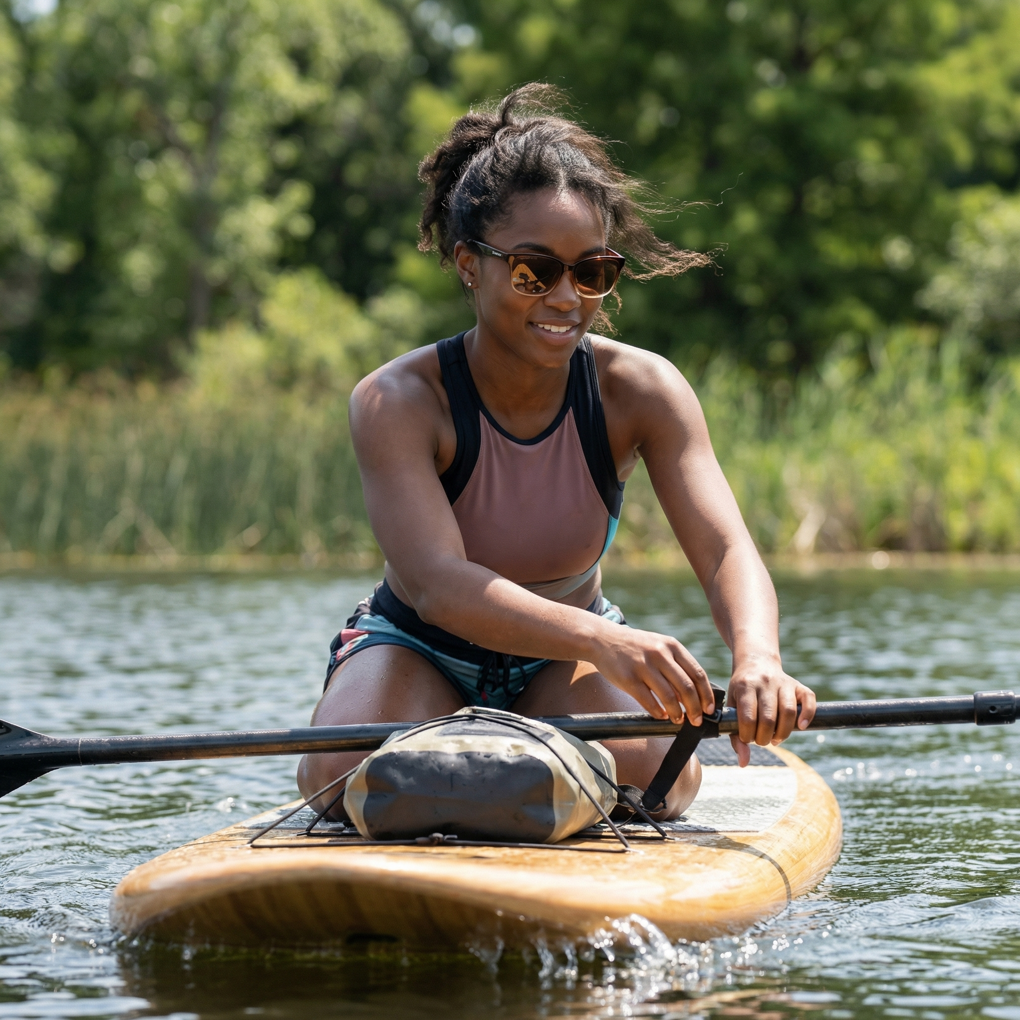 A smiling woman in sunglasses kneels on a paddleboard on a lake, adjusting a bag on the board.