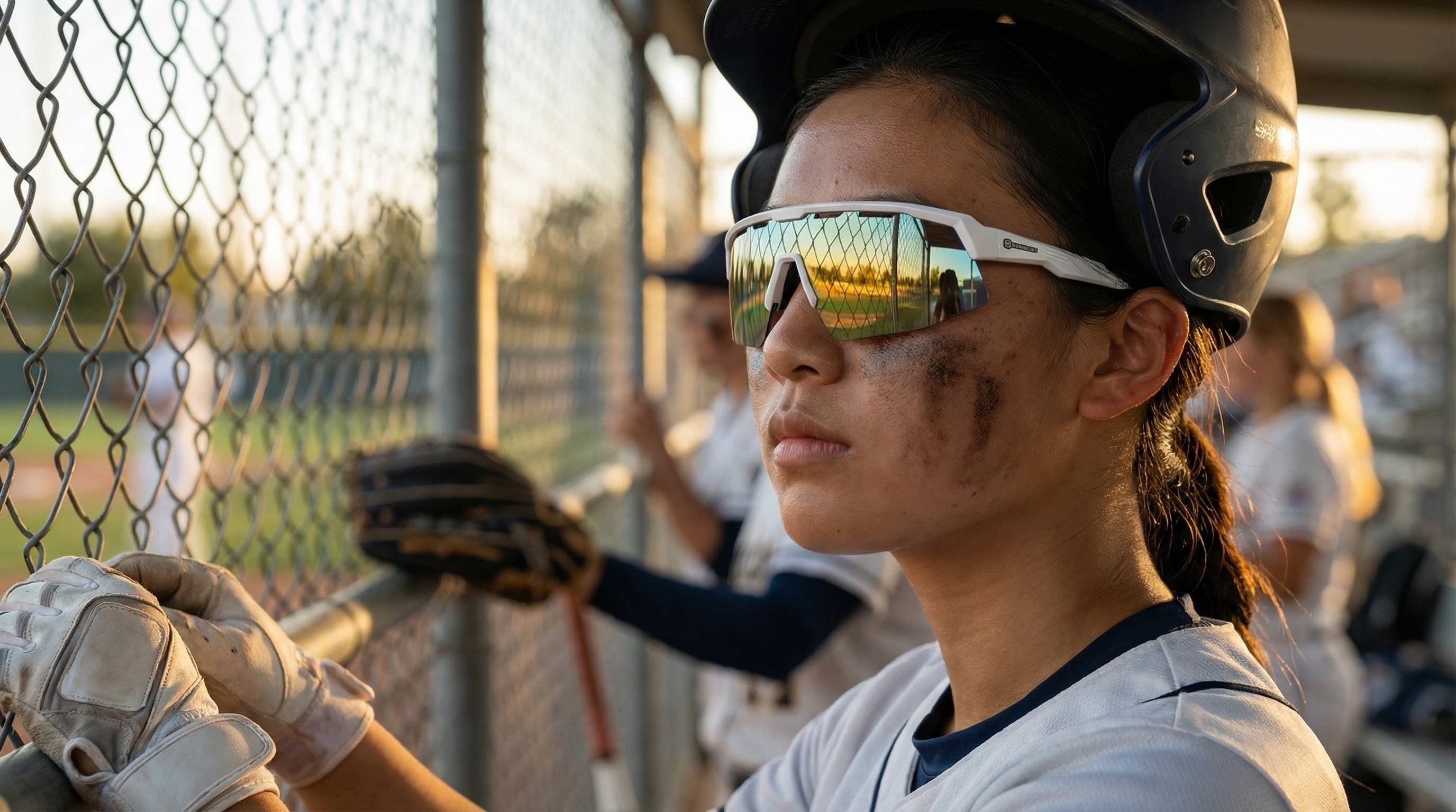 A young female baseball player in a helmet and sunglasses looks through a dugout fence at sunset.