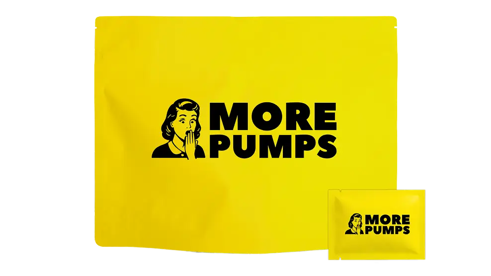 Yellow packaging with 'MORE PUMPS' text and illustration of a surprised woman.