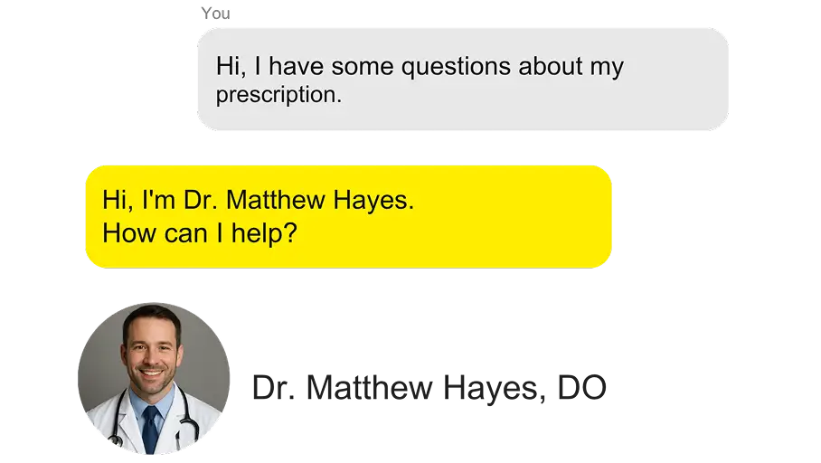 Chat conversation with Dr. Matthew Hayes and a person about prescription inquiries.