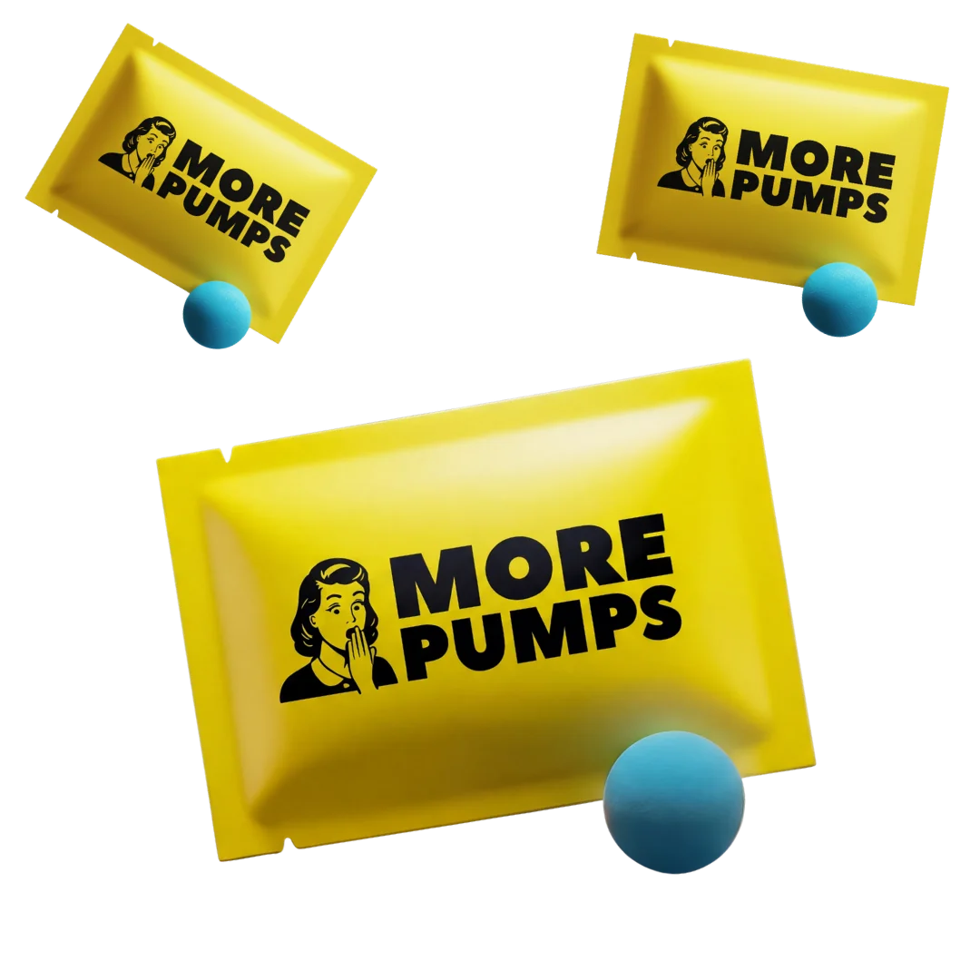 Three yellow packets labeled 'More Pumps' and three blue spheres floating on a solid green background.