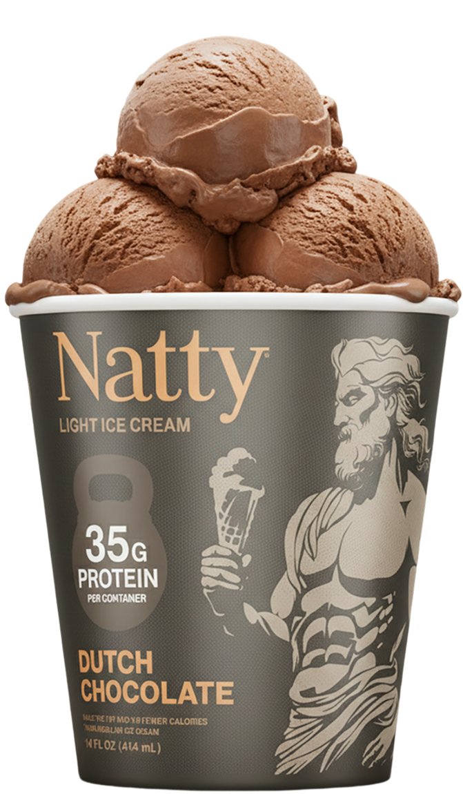 Chocolate ice cream scoops in a black tub labeled 'Natty Light Ice Cream, Dutch Chocolate, 35g protein'.