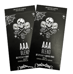 Two black coffee pod packages with skull and crossbones design.