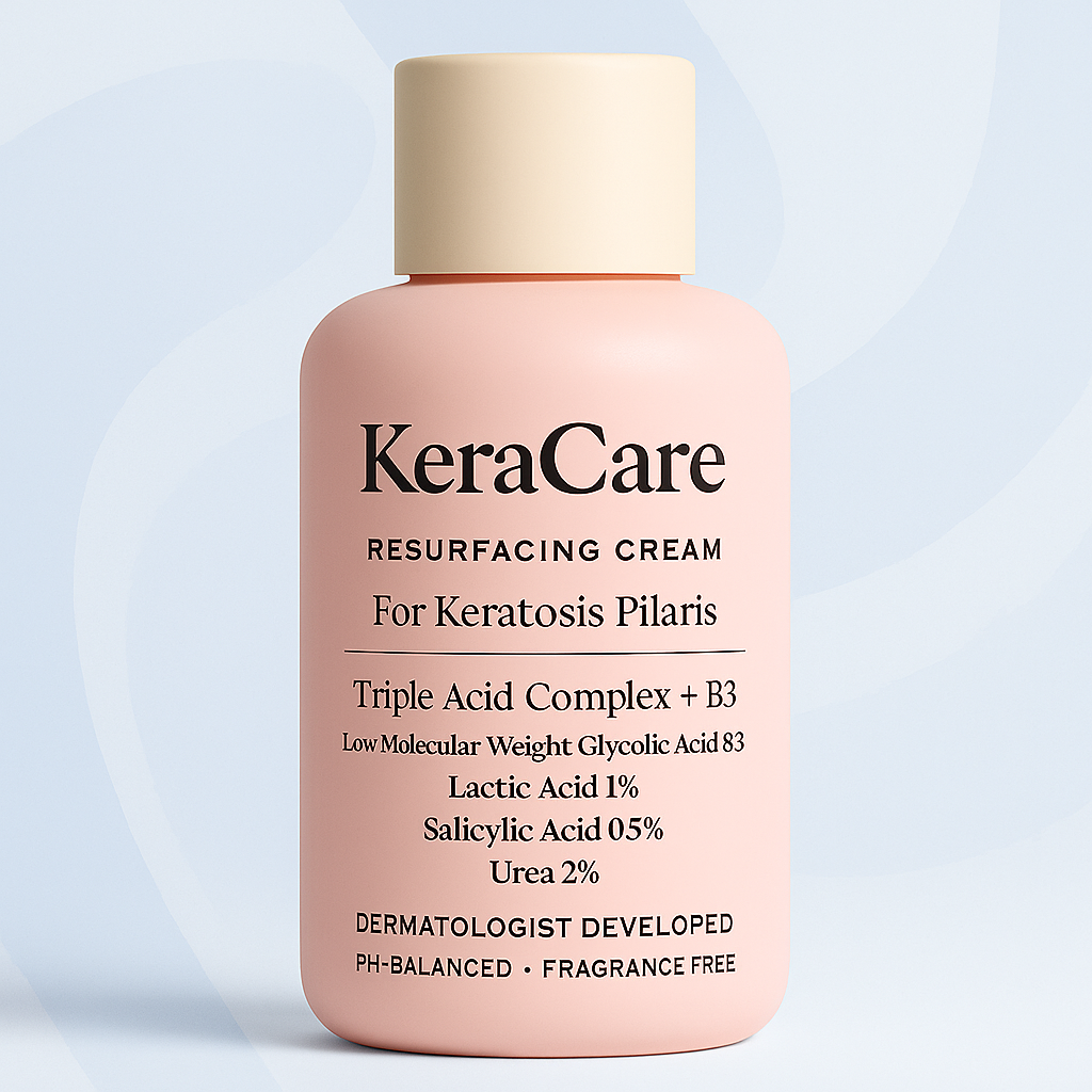 KeraCare Resurfacing Cream bottle on a light blue background.