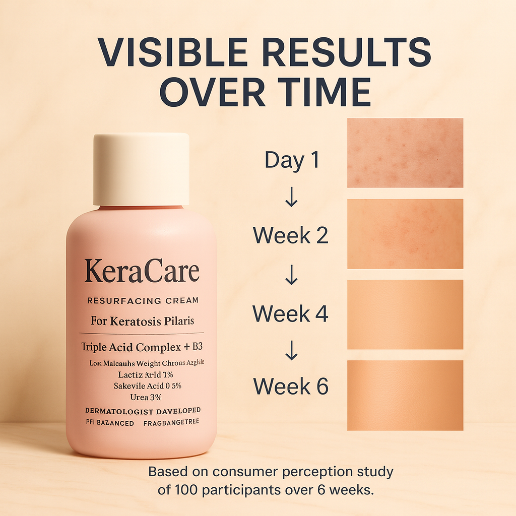 Image of KeraCare cream with skin improvement chart over six weeks.