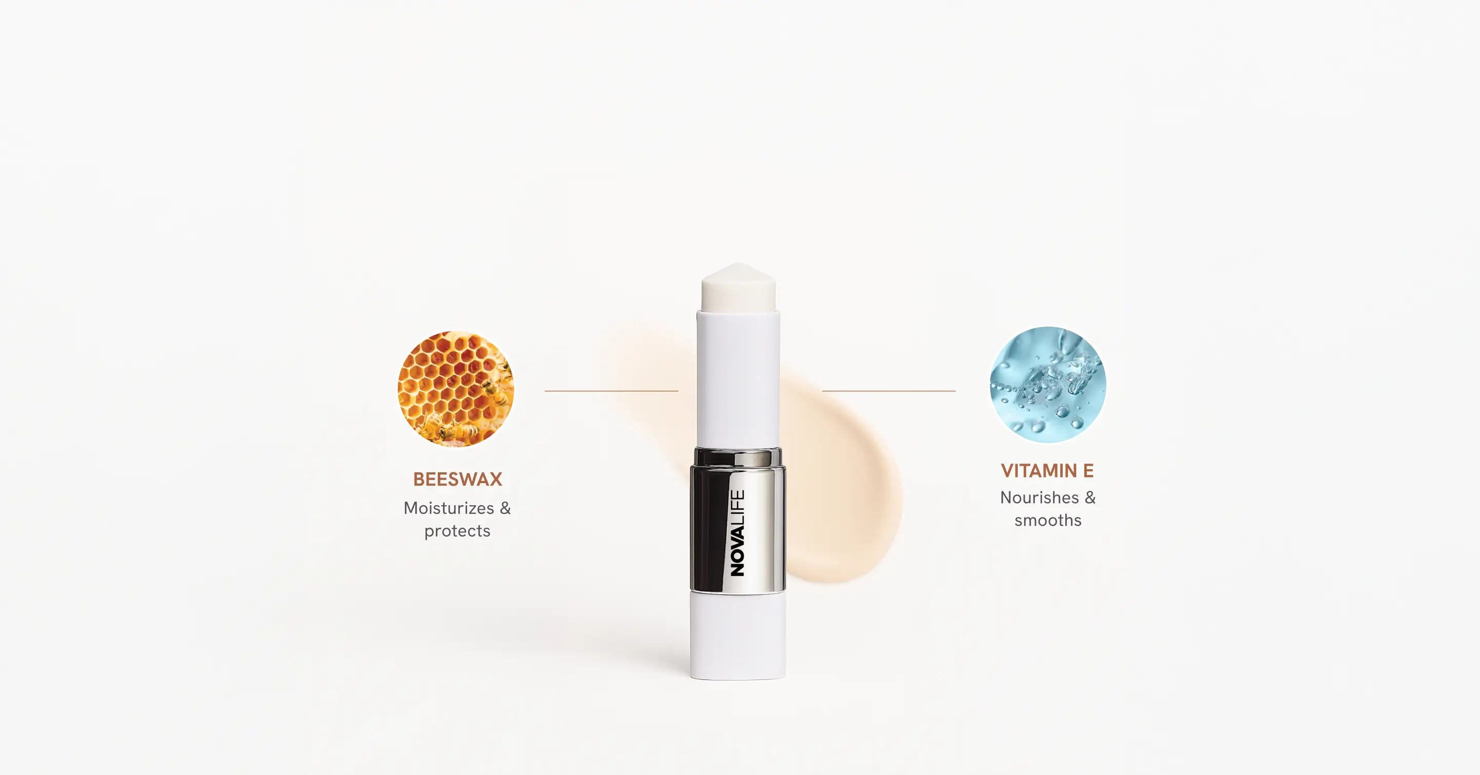 Lip balm tube with beeswax and vitamin E ingredients.