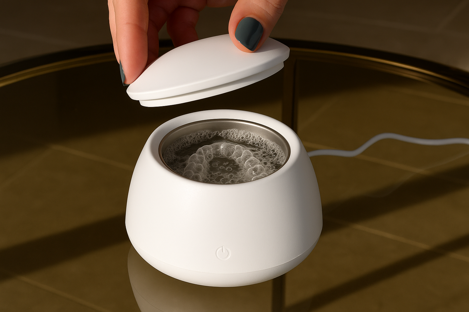 White ultrasonic cleaner with open lid on a reflective surface.