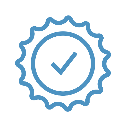 Blue checkmark inside a scalloped circle badge icon.