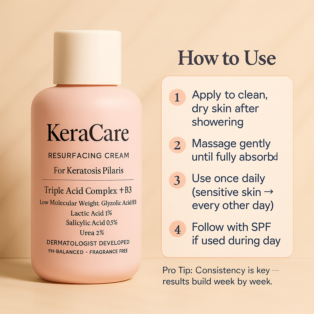 Pink KeraCare cream bottle with usage instructions on beige background.