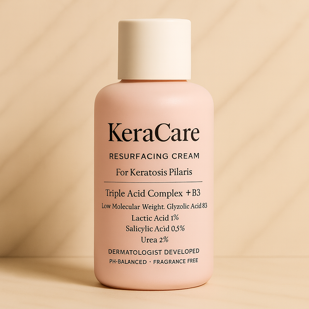 Pink bottle of KeraCare resurfacing cream with product details on label.