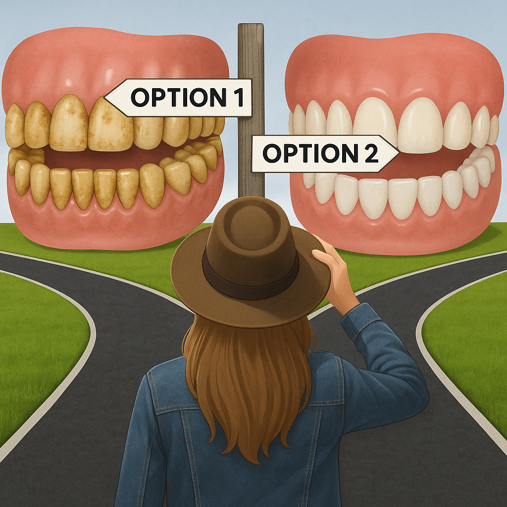 Person choosing between two paths with different dental options.