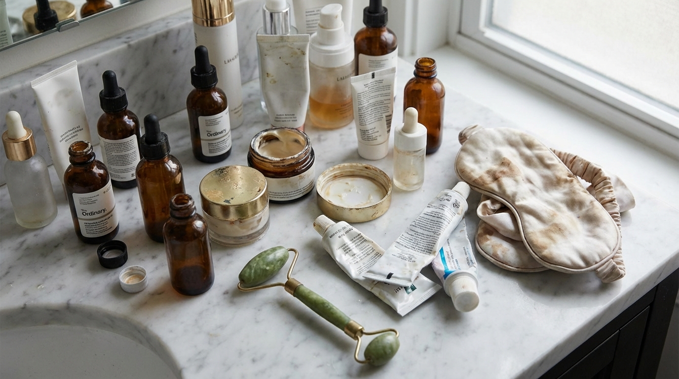 An array of used skincare products, a jade roller, and a sleep mask on a marble bathroom counter.