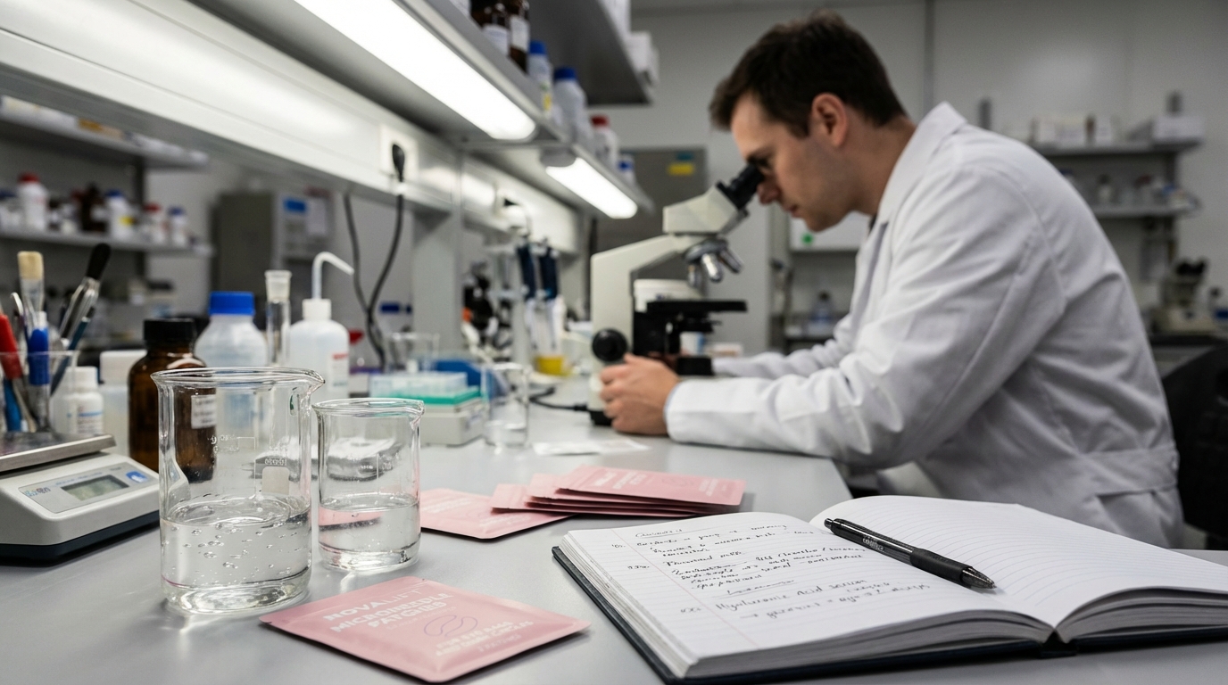 A scientist in a lab coat looks into a microscope, with beakers and a notebook in the foreground.