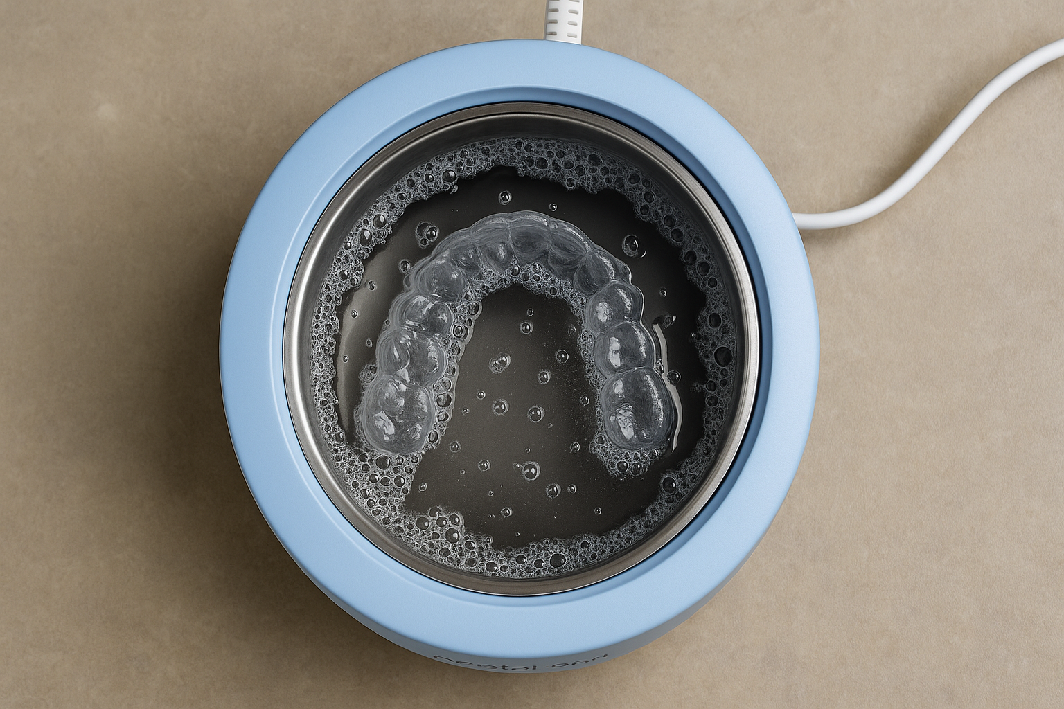 Clear dental aligner in a blue cleaning device with bubbles.