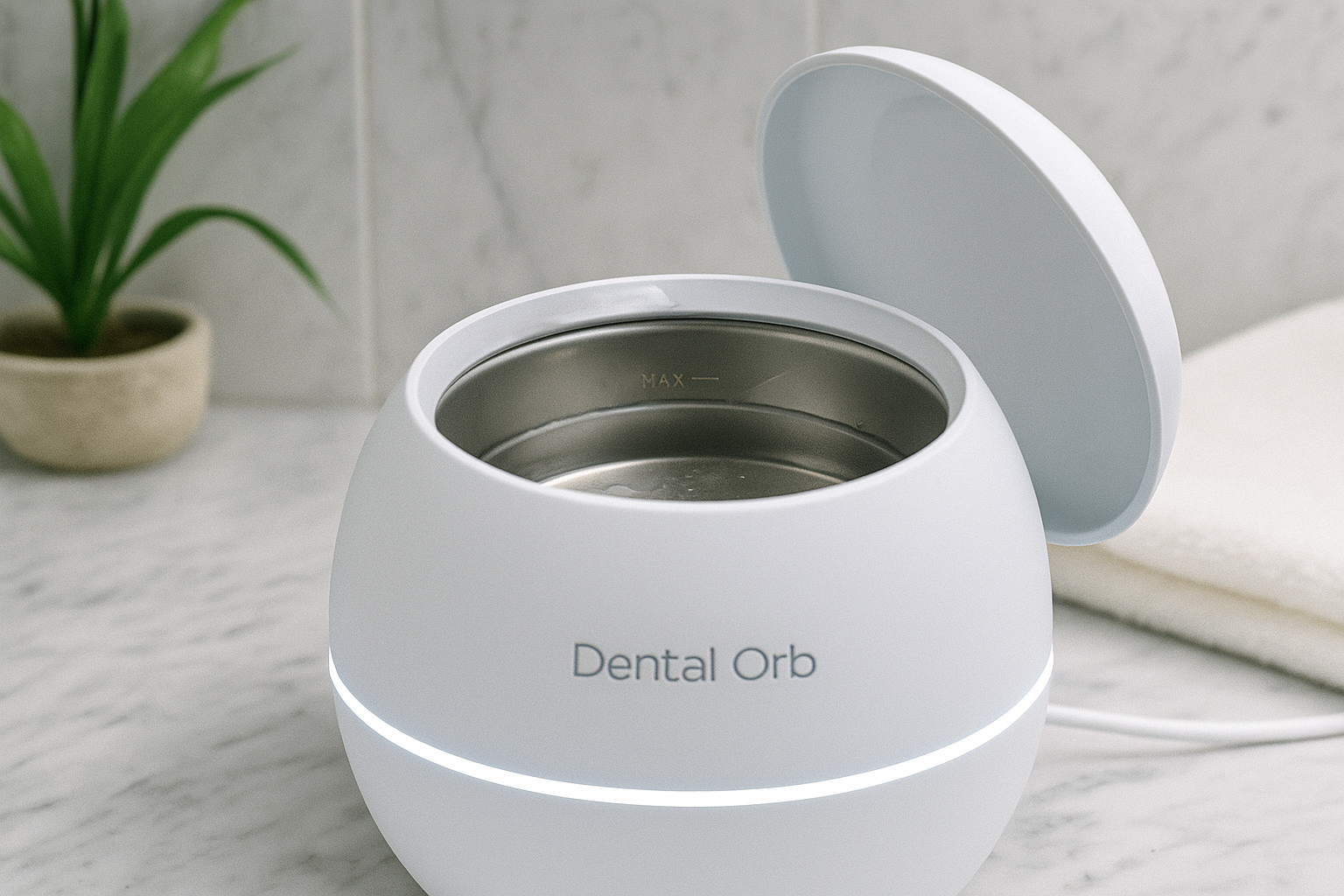 White dental hygiene device with open lid on a marble surface.