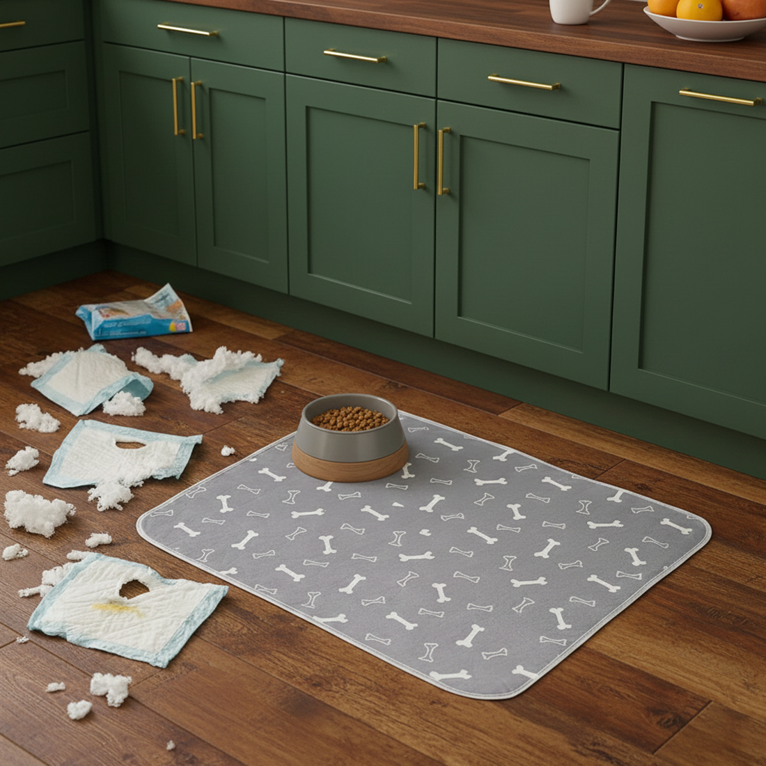 A kitchen floor with shredded puppy pads and a dog food bowl on a patterned mat.