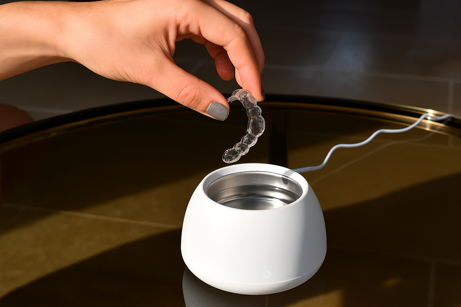 Hand holding a clear dental aligner over a white cleaning device.