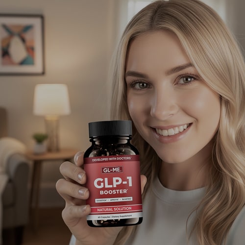 Person smiling and holding a GLP-1 Booster supplement bottle indoors.