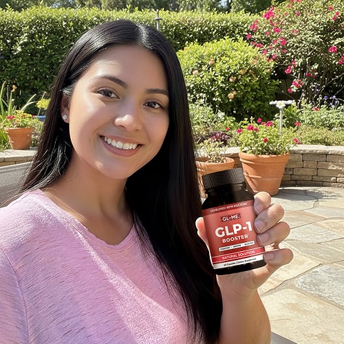 Woman outdoors holding a GLP-1 booster bottle, smiling with a garden background.