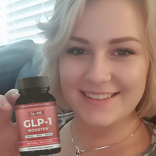 Person smiling, holding a bottle labeled 'GLP-1 Booster.'