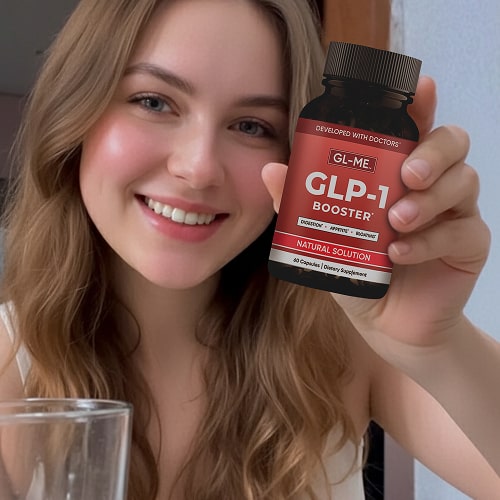 Person smiling and holding a bottle labeled GLP-1 Booster.