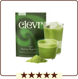 Matcha drink packet with two green beverages and matcha powder.